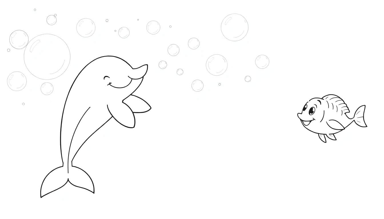 Dessin au trait d'un dauphin et d'un poisson souriants sous l'eau, avec des bulles.