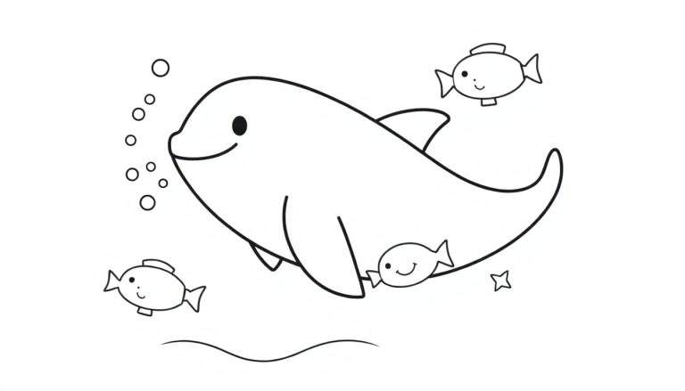 Coloriage d'un dauphin entouré de trois poissons, de bulles et d'étoiles dans l'eau.