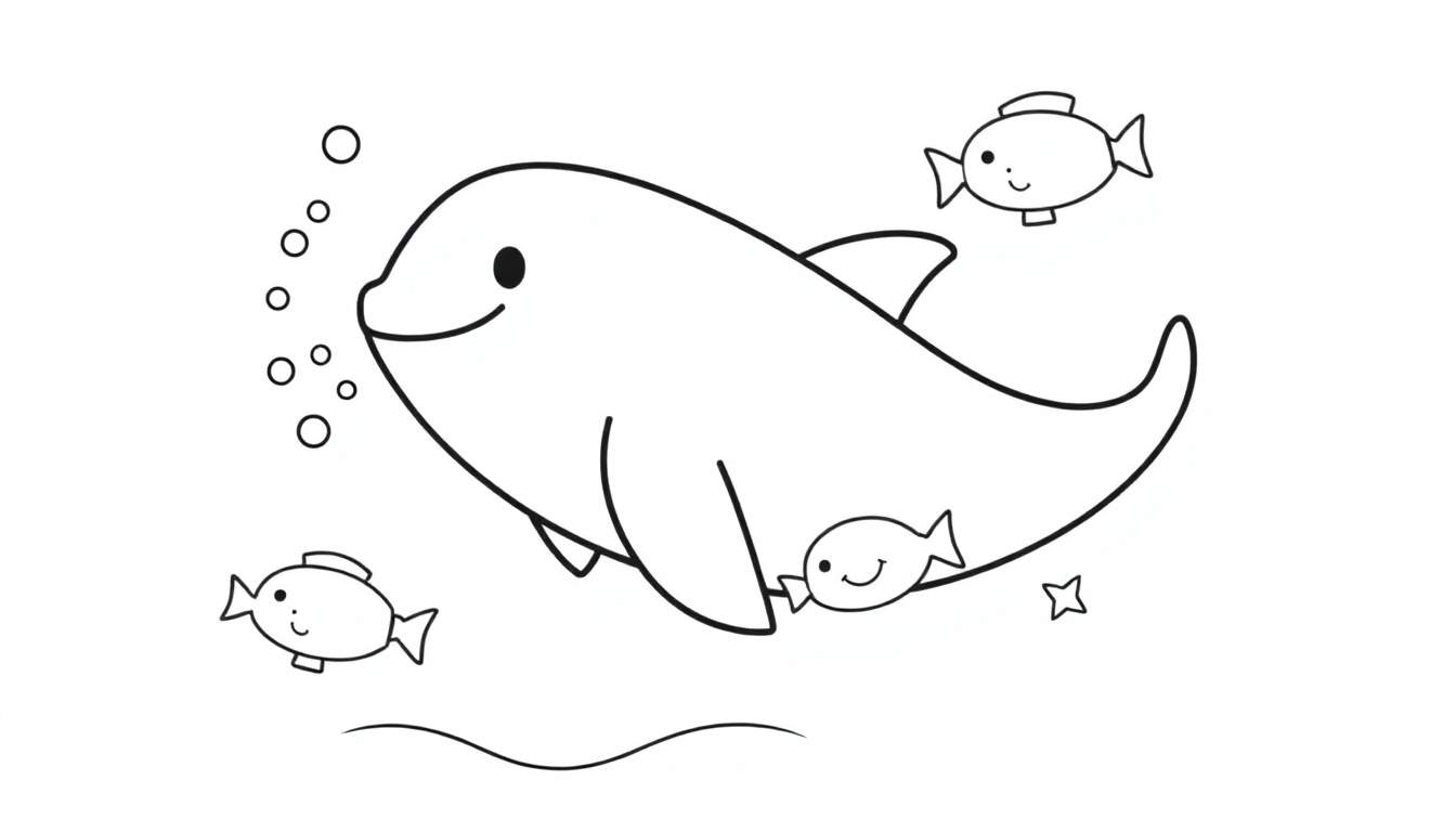 Coloriage d'un dauphin entouré de trois poissons, de bulles et d'étoiles dans l'eau.