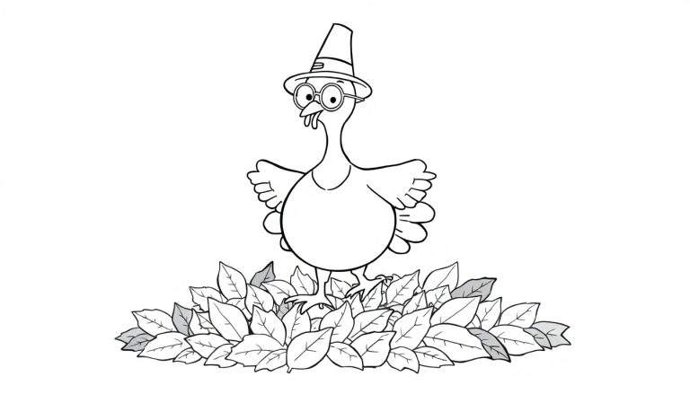 Coloriage d'une dinde habillée en pèlerin au milieu de feuilles d'automne.