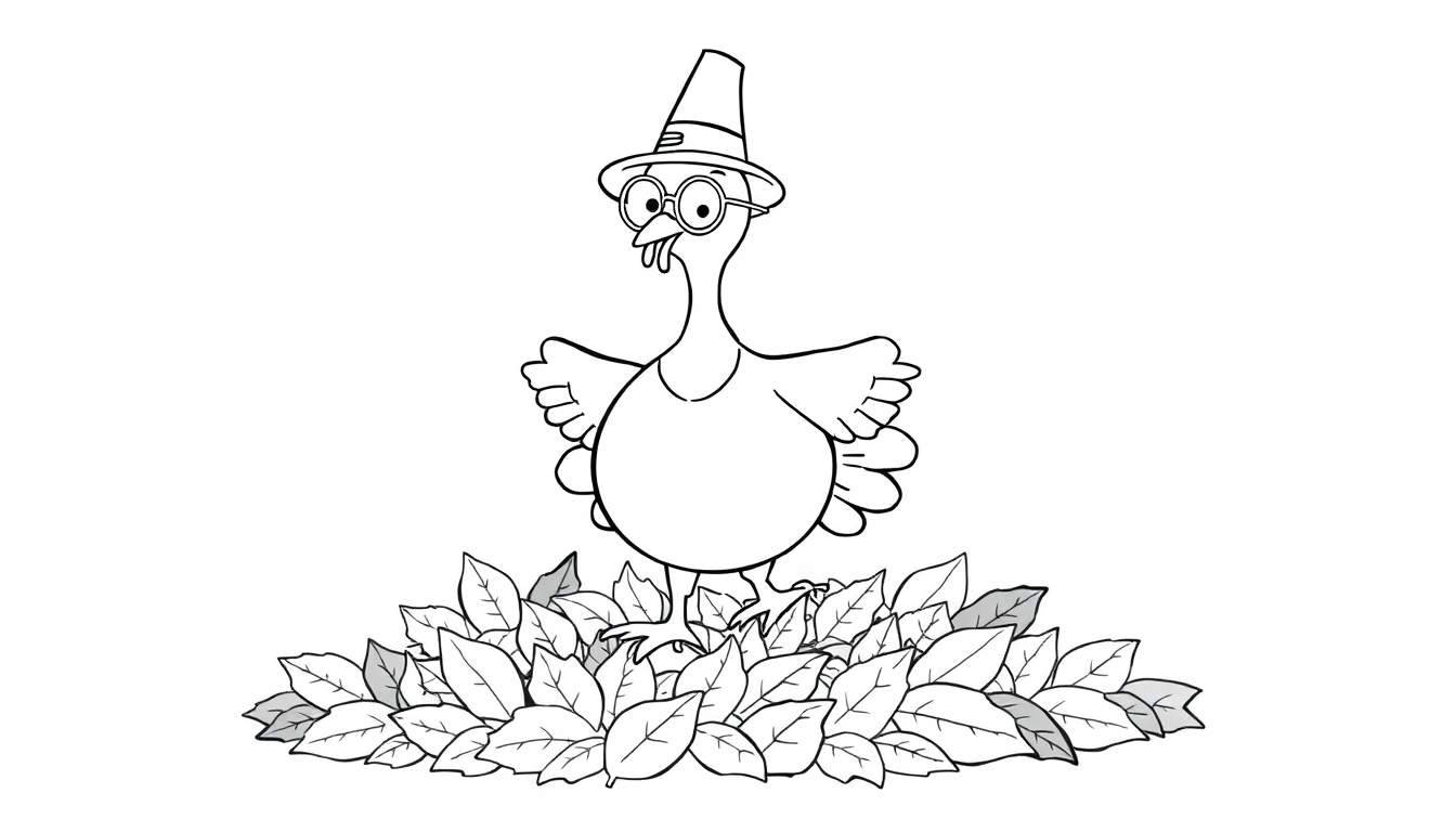Coloriage d'une dinde habillée en pèlerin au milieu de feuilles d'automne.