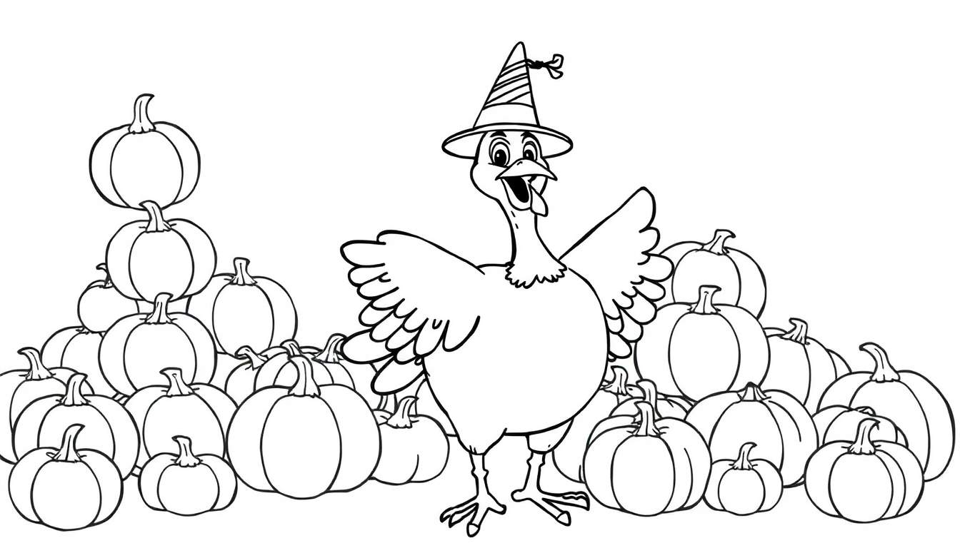 Dessin au trait d'une dinde joyeuse avec un chapeau de sorcière entourée de citrouilles empilées, prêt à être coloré.