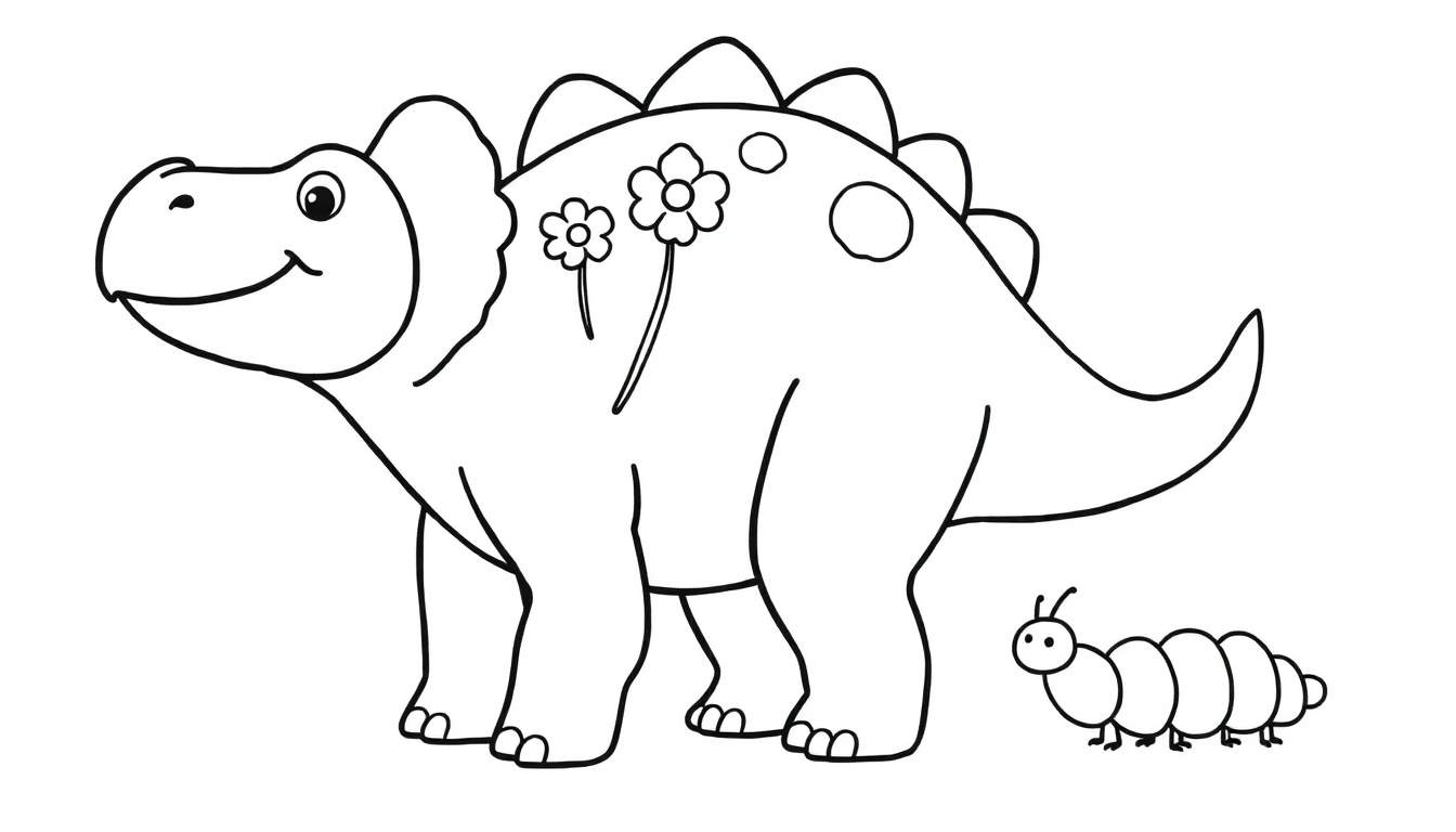 Dessin au trait noir et blanc d'un dinosaure souriant avec des fleurs sur le dos et une petite chenille à côté, prêt à être colorisé.