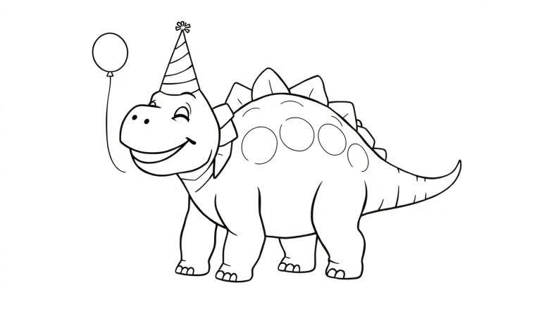 Coloriage d'un dinosaure souriant portant un chapeau de fête et tenant un ballon pour un anniversaire.
