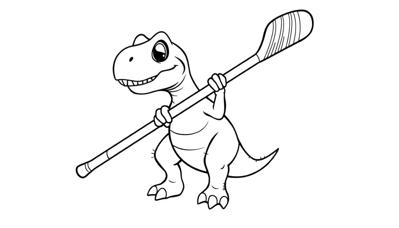 Dessin au trait d'un dinosaure de dessin animé tenant un bâton.