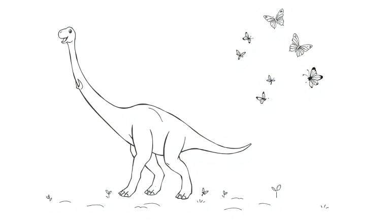 Dessin au trait noir et blanc d'un grand dinosaure herbivore avec un long cou, ressemblant à un brachiosaure, entouré de papillons stylisés sur un fond blanc. Petites plantes au sol.