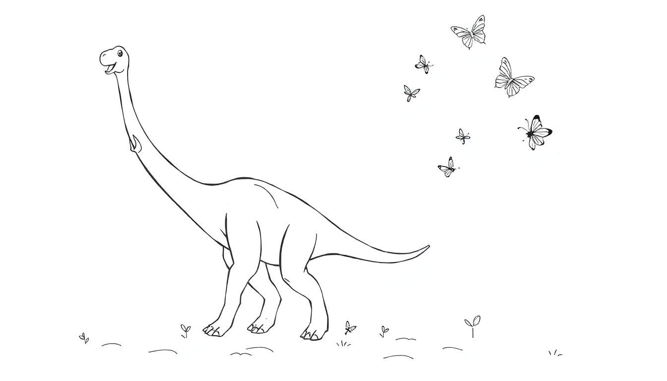 Dessin au trait noir et blanc d'un grand dinosaure herbivore avec un long cou, ressemblant à un brachiosaure, entouré de papillons stylisés sur un fond blanc. Petites plantes au sol.
