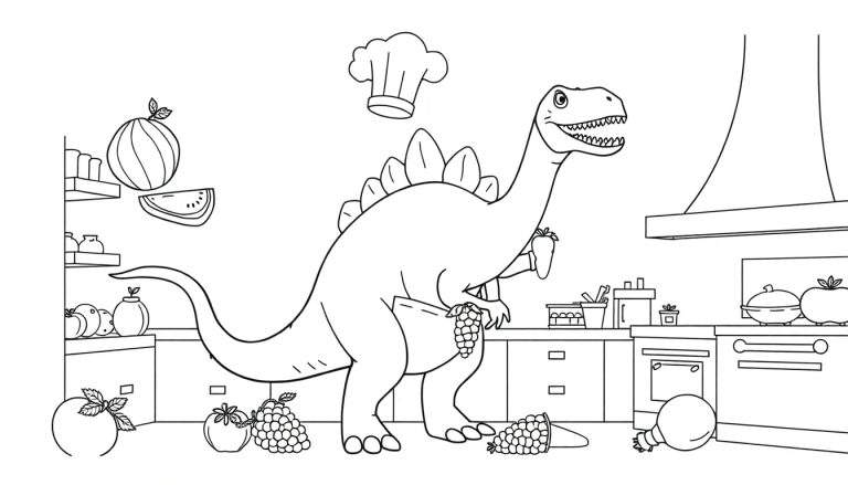 Coloriage d'un dinosaure chef tenant une carotte dans une cuisine.