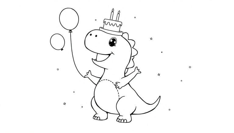 Dessin pour coloriage d'un dinosaure heureux tenant des ballons et portant un gâteau d'anniversaire sur sa tête.