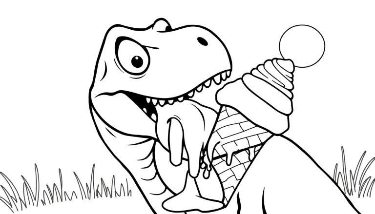 Dessin au trait noir et blanc d'un dinosaure cartoon avec une grande tête et des dents pointues, mangeant une glace dont la langue est couverte de glace fondue. Le cône de glace a des détails de briques et le dinosaure est entouré d'herbe simple.