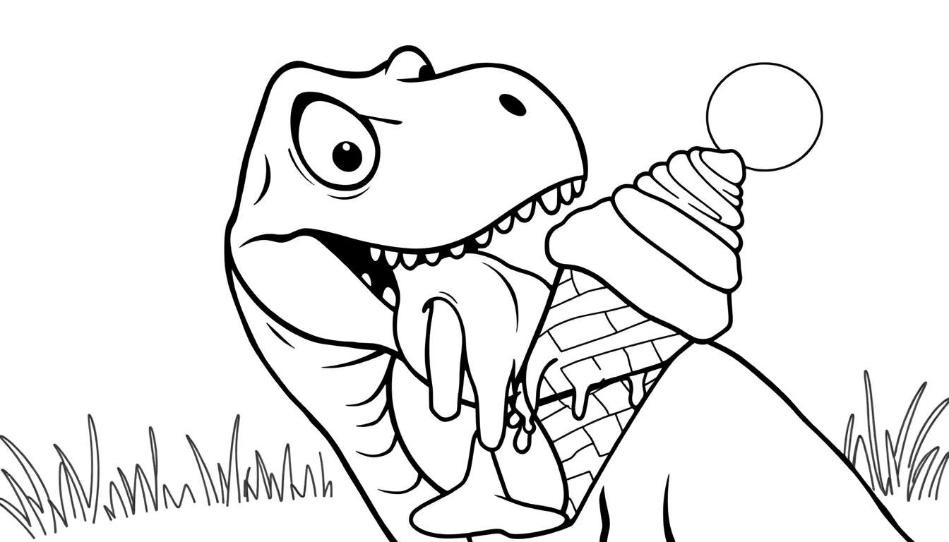 Dessin au trait noir et blanc d'un dinosaure cartoon avec une grande tête et des dents pointues, mangeant une glace dont la langue est couverte de glace fondue. Le cône de glace a des détails de briques et le dinosaure est entouré d'herbe simple.