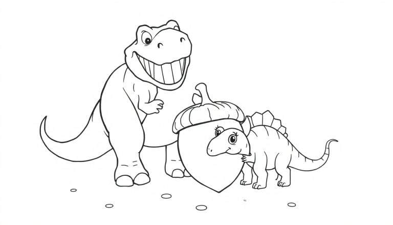 Dessin au trait noir et blanc d'un grand dinosaure souriant à bouche ouverte, d'un personnage en forme de gland avec un chapeau de gland, et d'un petit stégosaure avec des plaques sur le dos. Quelques petits cercles noirs flottent en arrière-plan.