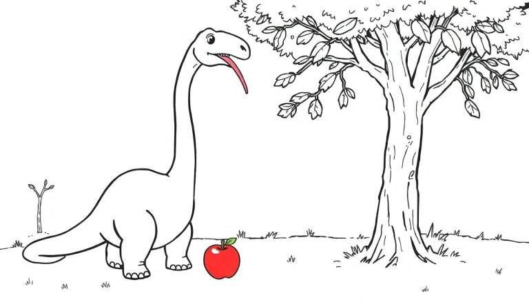 Coloriage d'un dinosaure vert au long cou avec sa langue sortie, regardant un arbre vert et mangeant une pomme rouge.