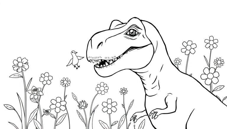 Coloriage d'un dinosaure T-Rex regardant un oiseau volant parmi des fleurs.