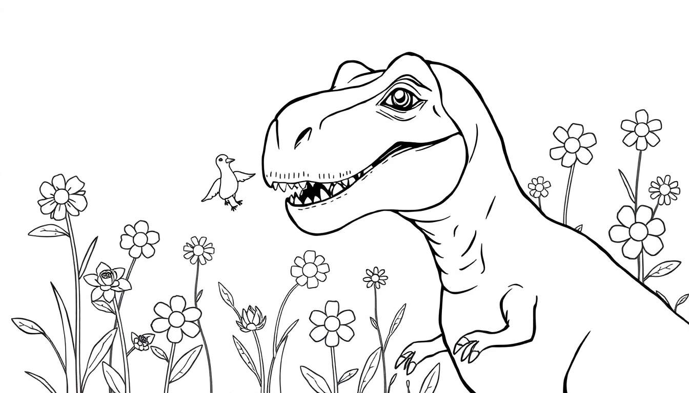 Coloriage d'un dinosaure T-Rex regardant un oiseau volant parmi des fleurs.
