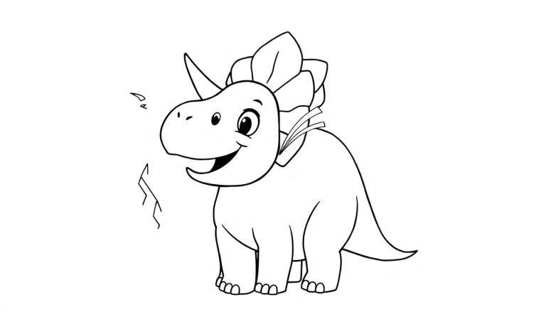 Coloriage d'un petit dinosaure mignon avec une corne et un collier de feuilles, entouré d'éclairs.