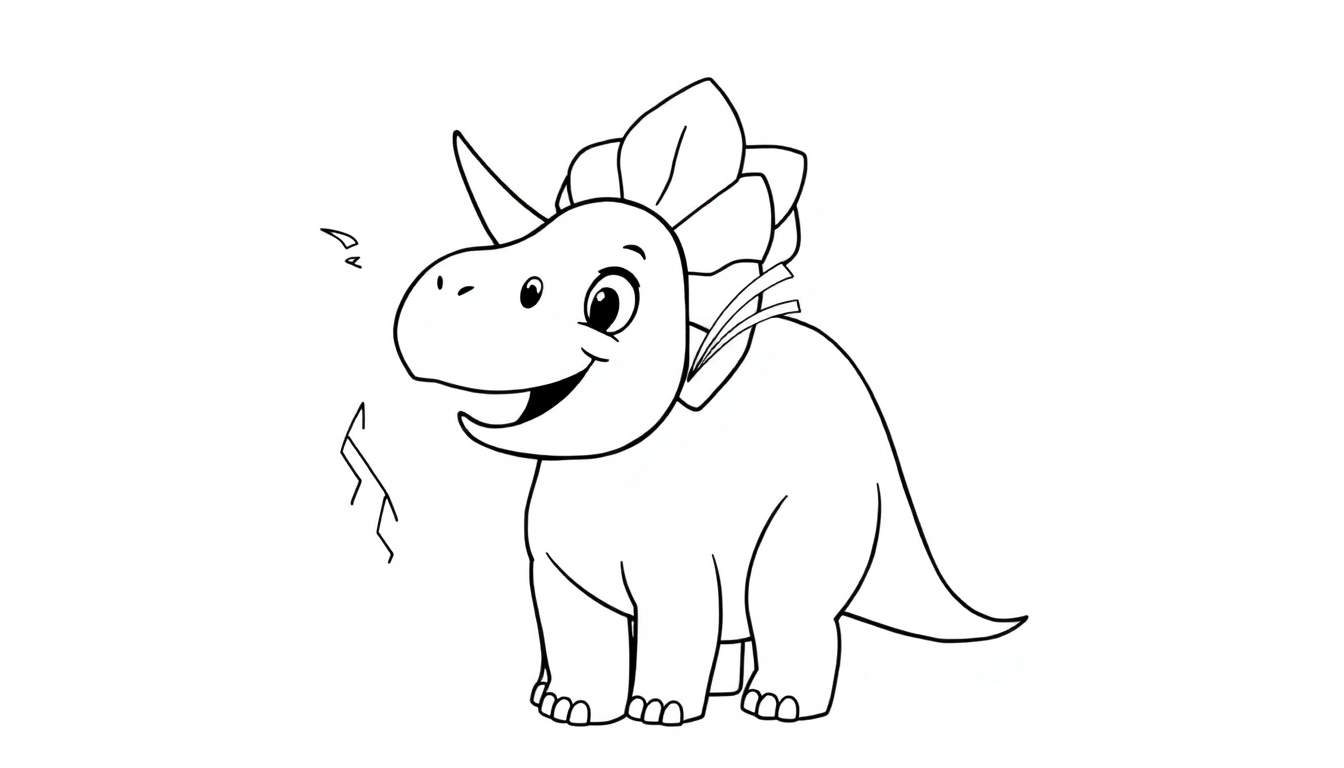 Coloriage d'un petit dinosaure mignon avec une corne et un collier de feuilles, entouré d'éclairs.