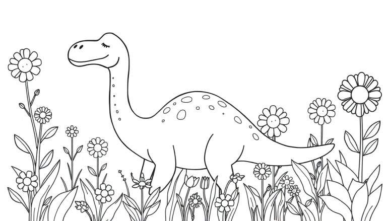 Dessin au trait d'un dinosaure souriant au long cou avec des yeux fermés, entouré de fleurs variées, prêt à être coloré par des enfants.