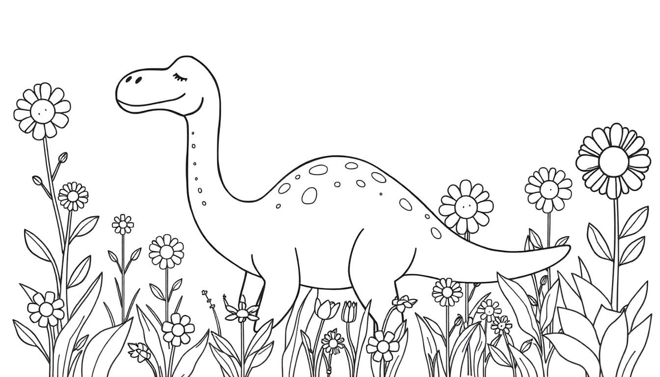 Dessin au trait d'un dinosaure souriant au long cou avec des yeux fermés, entouré de fleurs variées, prêt à être coloré par des enfants.