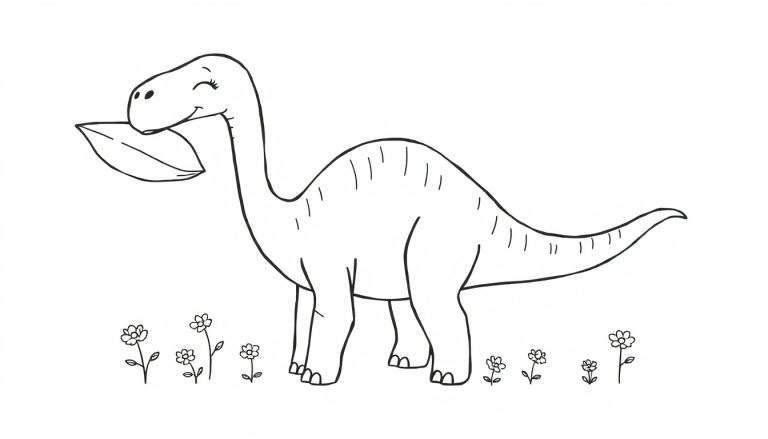 Coloriage d'un dinosaure gentil souriant tenant une feuille, entouré de fleurs.