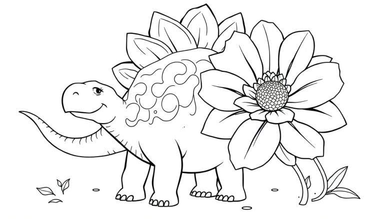Coloriage d'un dinosaure souriant avec des décorations florales sur son dos et une fleur à côté.