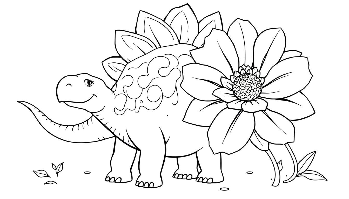 Coloriage d'un dinosaure souriant avec des décorations florales sur son dos et une fleur à côté.