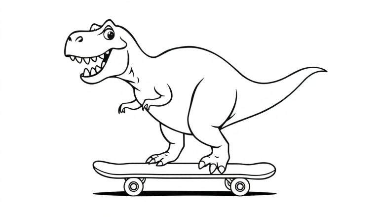 Coloriage d'un dinosaure Tyrannosaure Rex avec un grand sourire faisant du skateboard, traits noirs sur fond blanc.