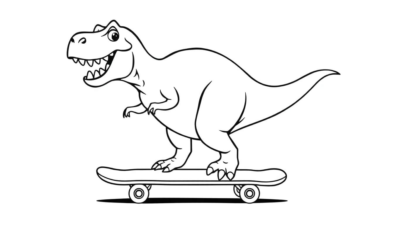 Coloriage d'un dinosaure Tyrannosaure Rex avec un grand sourire faisant du skateboard, traits noirs sur fond blanc.