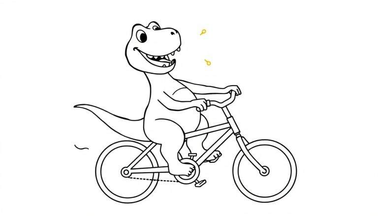 Dessin au trait noir et blanc d'un dinosaure heureux faisant du vélo.
