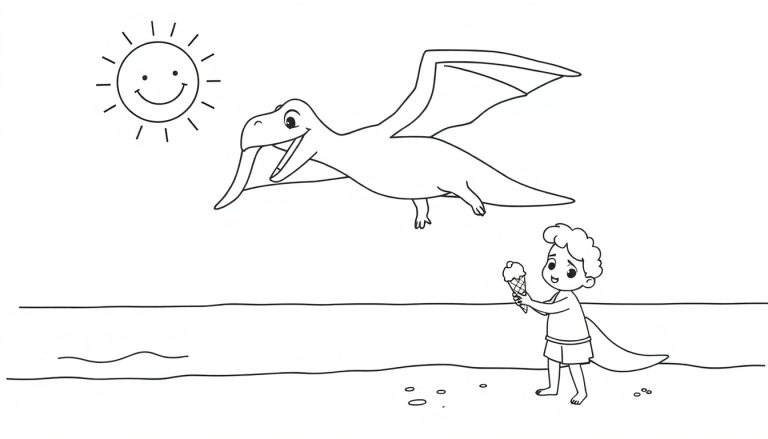 Dessin au trait d'un dinosaure volant au-dessus de la mer, avec un petit garçon mangeant une glace sur la plage sous un soleil souriant.