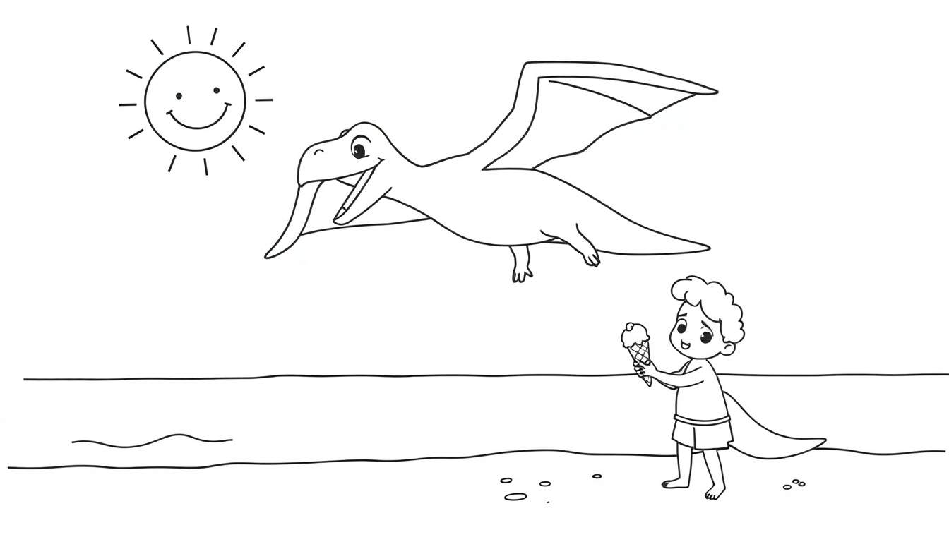 Dessin au trait d'un dinosaure volant au-dessus de la mer, avec un petit garçon mangeant une glace sur la plage sous un soleil souriant.