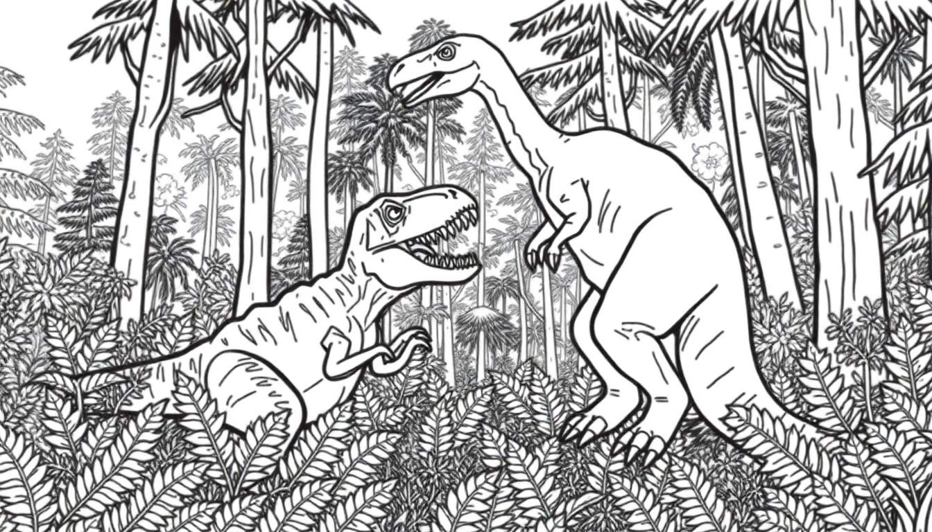 Coloriage d'un T-Rex et d'un dinosaure au long cou se faisant face dans une jungle préhistorique.