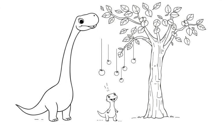 Dessin d'un grand dinosaure au long cou et d'un petit dinosaure devant un arbre avec des fruits.