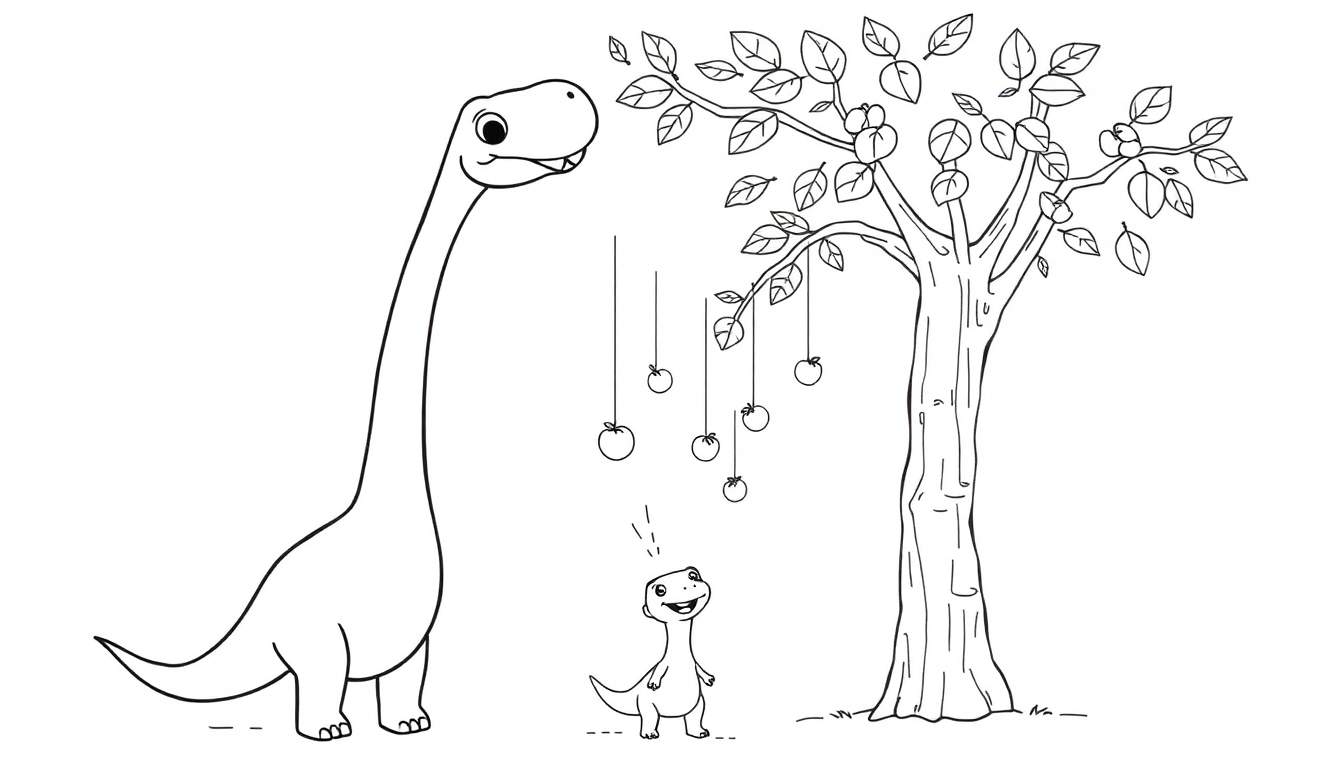 Dessin d'un grand dinosaure au long cou et d'un petit dinosaure devant un arbre avec des fruits.