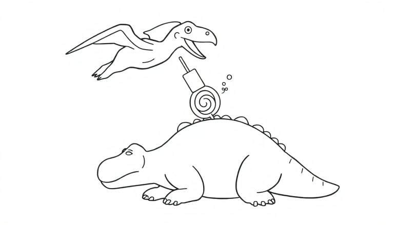 Coloriage d'un dinosaure couché et d'un ptérosaure volant avec une sucette.