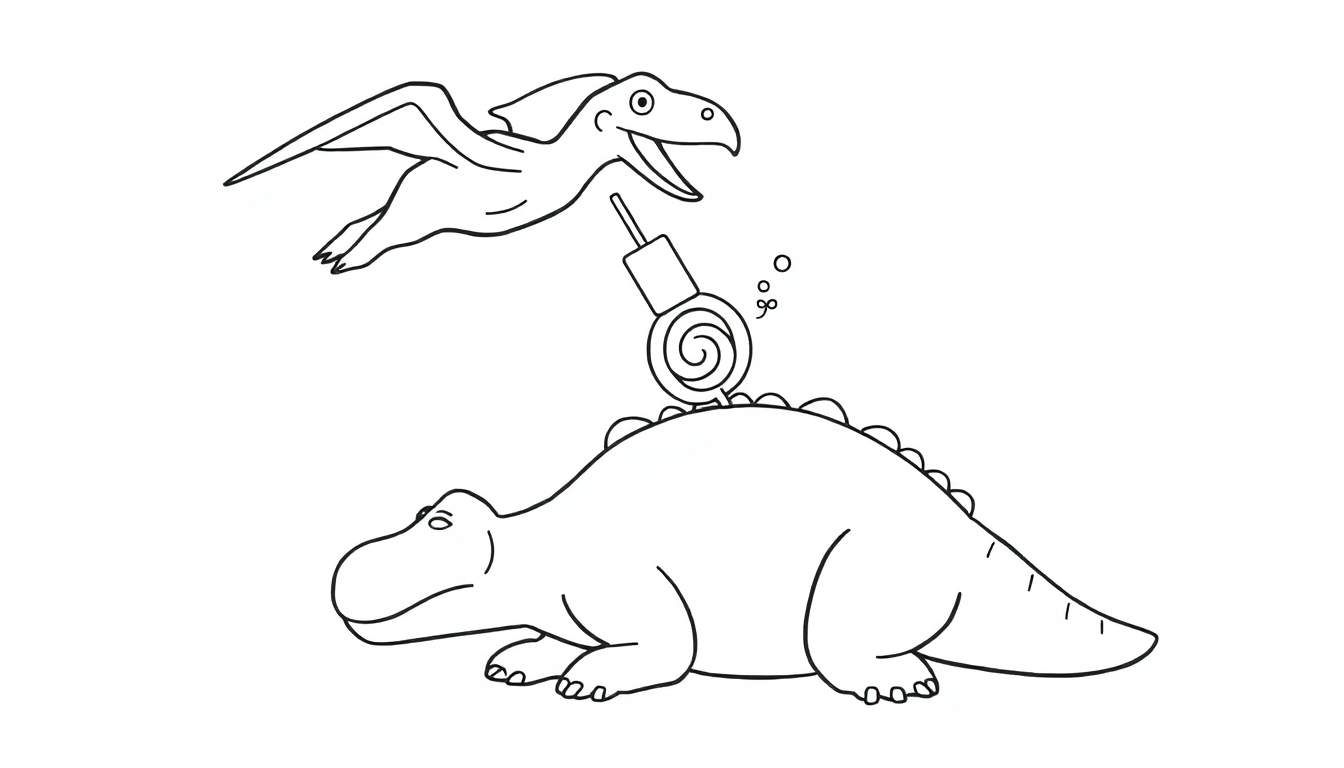 Coloriage d'un dinosaure couché et d'un ptérosaure volant avec une sucette.