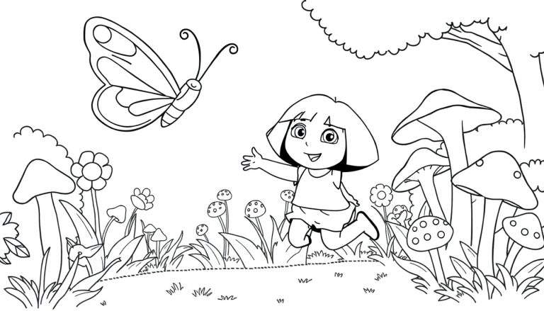 Illustration en noir et blanc d'une jeune fille joyeuse, style Dora l'Exploratrice, courant dans une prairie avec un papillon, des champignons, des fleurs et un arbre.
