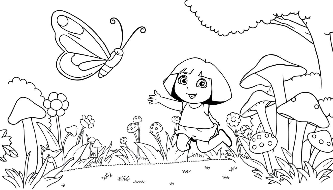 Illustration en noir et blanc d'une jeune fille joyeuse, style Dora l'Exploratrice, courant dans une prairie avec un papillon, des champignons, des fleurs et un arbre.