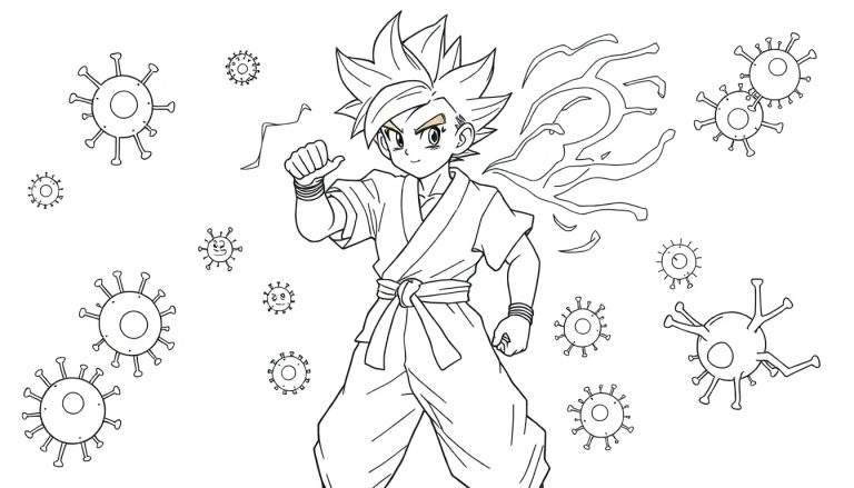 Coloriage d'un jeune personnage style anime, portant une tenue de karaté, avec une aura de puissance, combattant des virus stylisés.