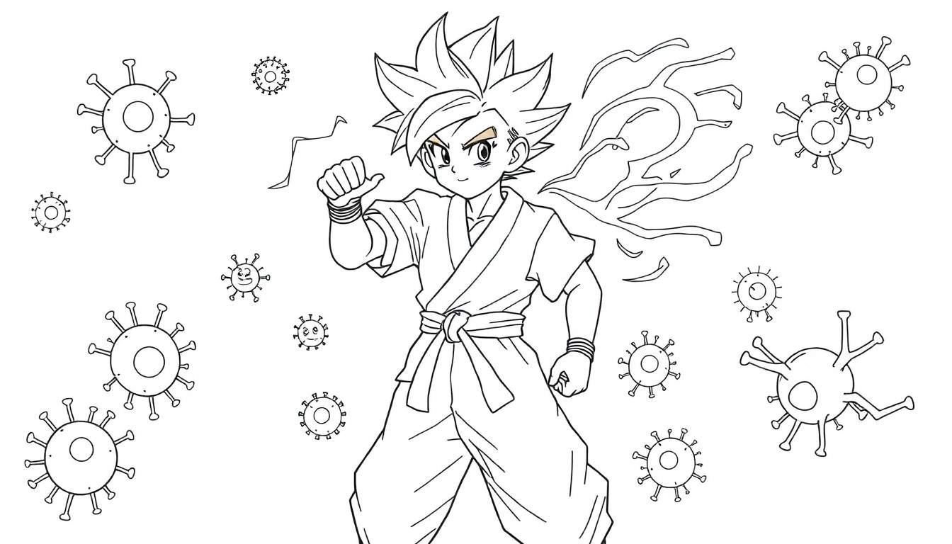 Coloriage d'un jeune personnage style anime, portant une tenue de karaté, avec une aura de puissance, combattant des virus stylisés.