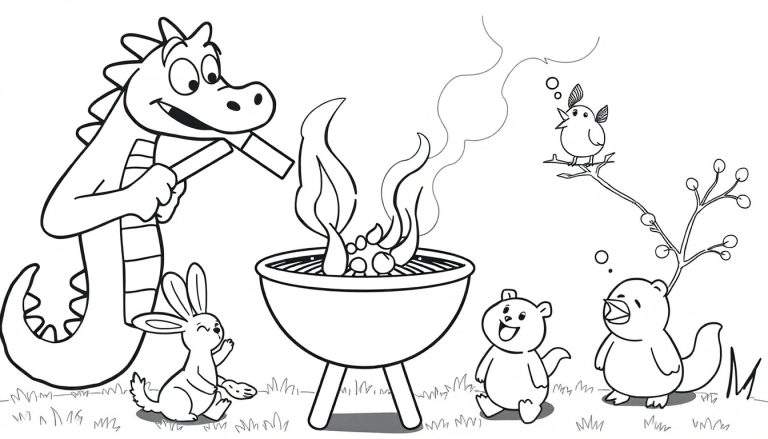 Un dessin au trait d'un barbecue où un dragon cuisine, avec un lapin tenant une assiette, deux oursons observant et un oiseau chantant sur une branche.