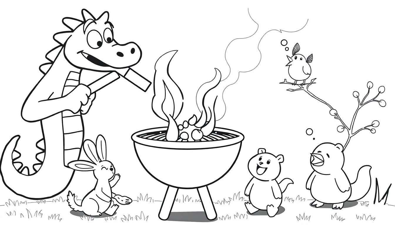 Un dessin au trait d'un barbecue où un dragon cuisine, avec un lapin tenant une assiette, deux oursons observant et un oiseau chantant sur une branche.