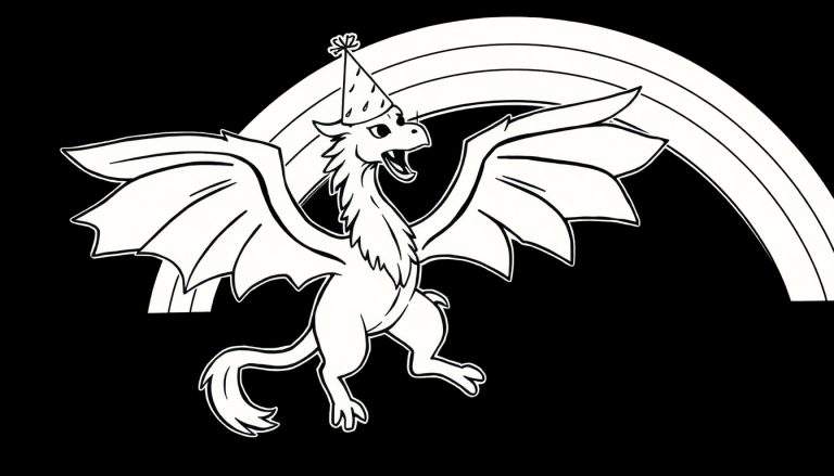 Dessin noir et blanc d'un dragon avec un chapeau de fête, ailes déployées, devant un arc-en-ciel stylisé.
