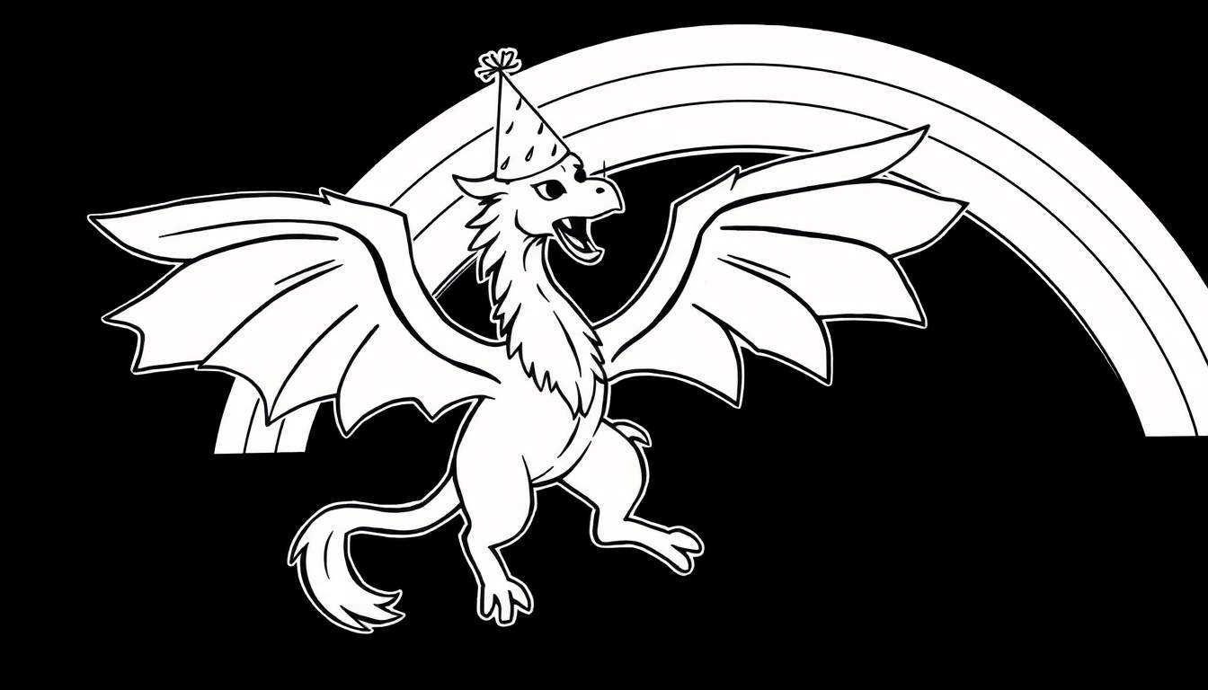 Dessin noir et blanc d'un dragon avec un chapeau de fête, ailes déployées, devant un arc-en-ciel stylisé.