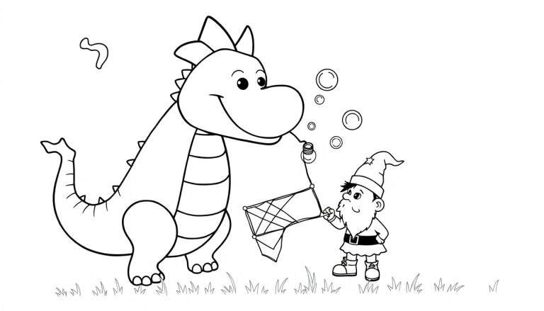 Coloriage d'un gentil dragon soufflant des bulles avec un petit gnome qui essaie de les attraper avec une épuisette, entourés d'herbes.