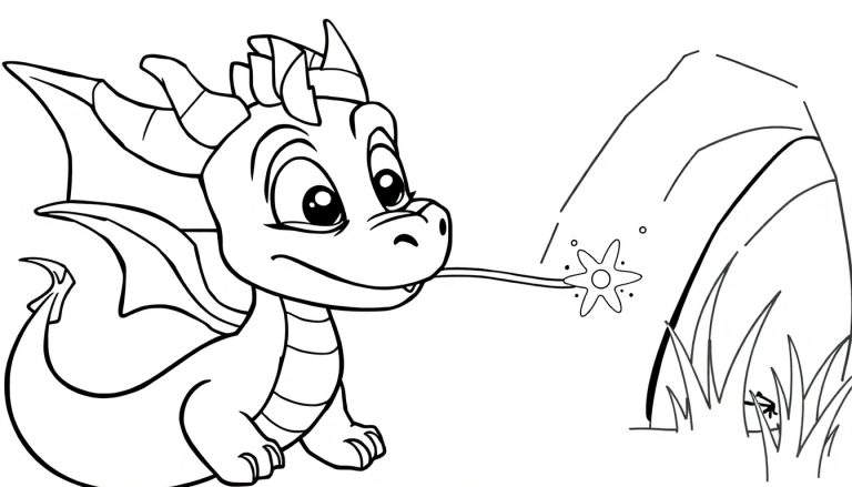 Coloriage d'un jeune dragon violet assis, tirant la langue vers une étoile, avec une roche et une grenouille.