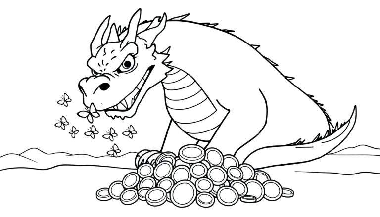 Dessin au trait d'un dragon avec des papillons autour de sa tête, perché sur des pièces de monnaie, avec des collines en arrière-plan.