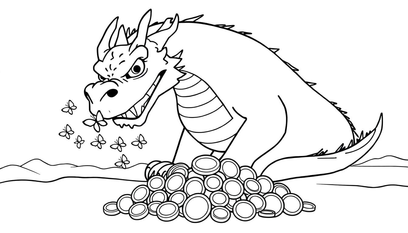 Dessin au trait d'un dragon avec des papillons autour de sa tête, perché sur des pièces de monnaie, avec des collines en arrière-plan.