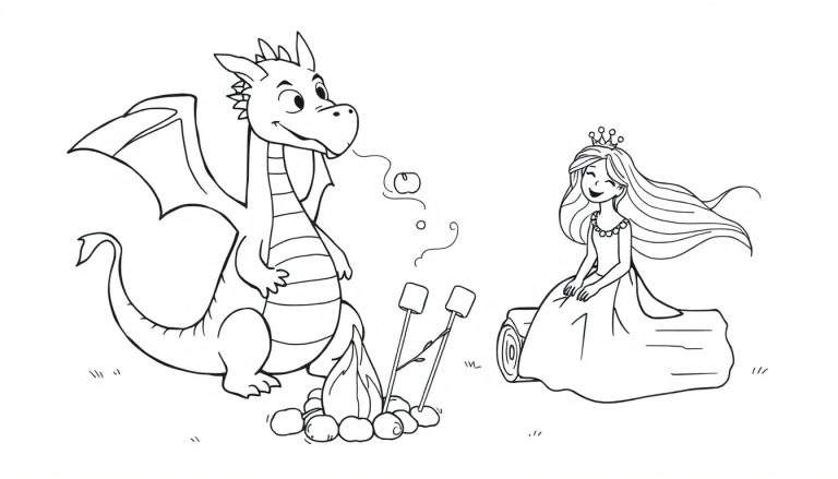 Dessin pour coloriage d'un dragon et d'une princesse souriants, faisant cuire des guimauves sur un feu de camp, symbolisant une amitié inattendue.