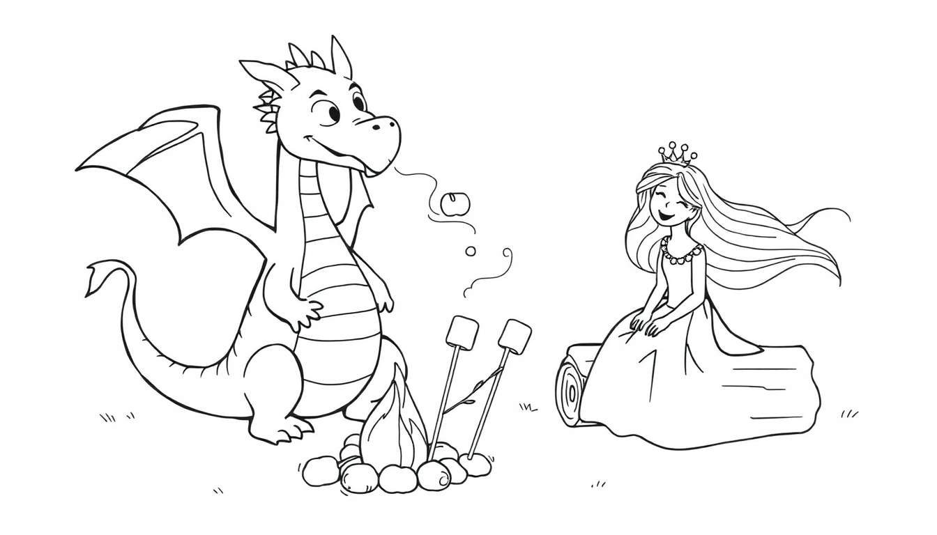 Dessin pour coloriage d'un dragon et d'une princesse souriants, faisant cuire des guimauves sur un feu de camp, symbolisant une amitié inattendue.